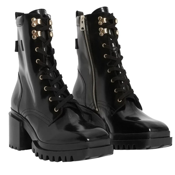 All Saints Shoes - ALLSAINTS INDIGO Lace Up High Heel Combat Boots BLACK PATENT LEATHER US 8 EU 38